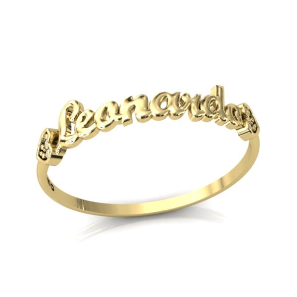 Anel Nome Leonardo Pedras Diamantes Ouro 18k