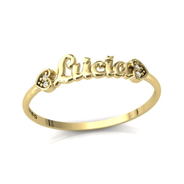 Anel Nome Lúcia Pedras Diamantes Ouro 18k