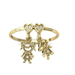 Anel Canga 2 Corações Com Pingentes Menino E Menina Ouro 18k