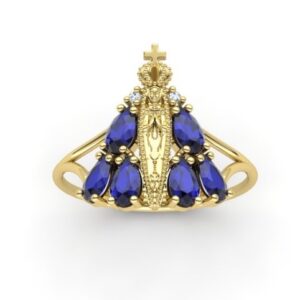Anel Nossa Senhora Aparecida Pedra Azul Ouro 18k