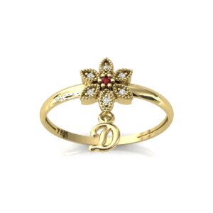 Anel Chuveiro Flor Navete Com Pingente Letra Em Ouro 18k