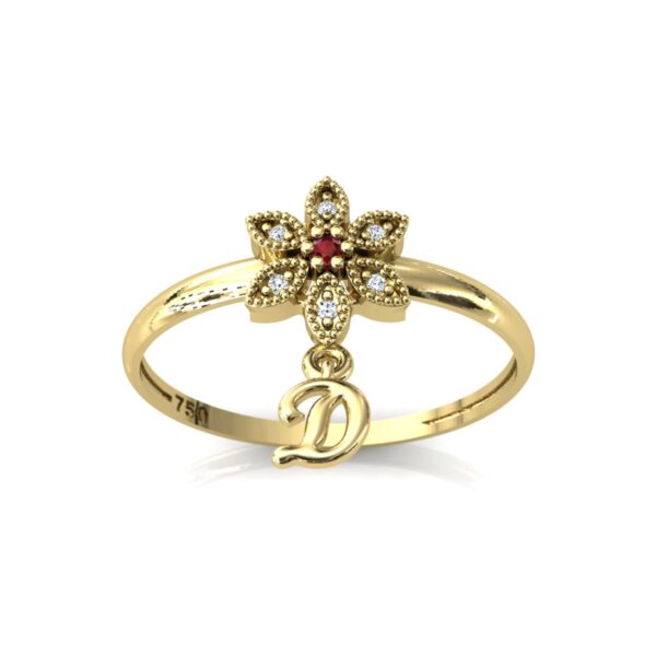 Anel Chuveiro Flor Navete Com Pingente Letra Em Ouro 18k