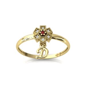 Anel Chuveiro Flor Quadrado Com Pingente Letra Em Ouro 18k