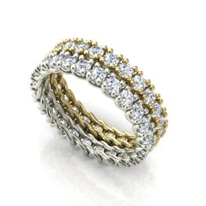 2 Alianças Cravadas Pedras Redondas Ouro 18k Amarelo Branco