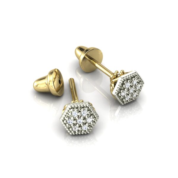 Brinco Hexágono Pedras Diamantes Copinho Em Ouro 18k