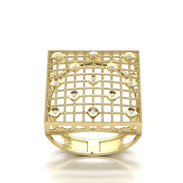 Anel Quadrado Fios Pedras Diamantes Em Ouro 18k